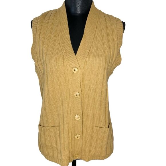 Vintage Sears Sweater Vest V Neck Button Front Ribbed Mustard Yellow Size Large - Picture 1 of 5